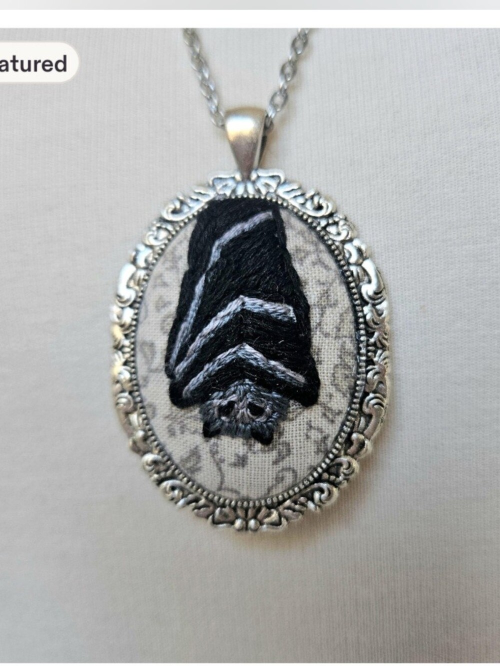 Darling Bat Pendant Necklace Hand Embroidered One Of A Kind